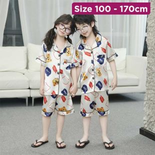 Kids Summer Cartoon Short Sleeve Silk Shorts Set