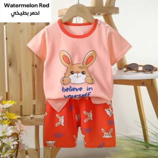 طقم تيشيرت وشورت صيفي قطن بتصميم أرنب - 1-2 سنوات - أحمر بطيخي