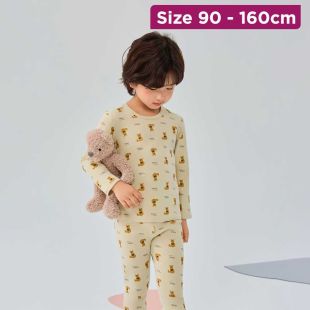 Yellow Bear Ribbed Cotton Pajama With Sleeves For Kids