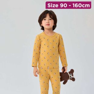 Yellow Puppy Ribbed Cotton Pajama With Sleeves For Kids