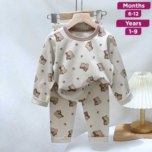 Bear Pure Cotton Long Sleeved Pajama Set for Girls