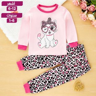 طقم بيجامة بطبعة قطة من القطن الخالص بأكمام طويلة للبنات