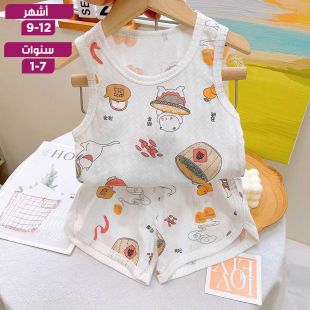 طقم بيجامة أطفال صيفي تيشيرت بلا أكمام وشورت من القطن الخالص
