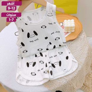 طقم بيجامة أطفال صيفي تيشيرت بلا أكمام وشورت من القطن الخالص بطبعة كلب