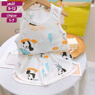 طقم بيجامة أطفال صيفي تيشيرت بلا أكمام وشورت من القطن الخالص بطبعة باندا