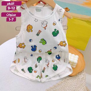 طقم بيجامة أطفال صيفي تيشيرت بلا أكمام وشورت من القطن الخالص بطبعة ديناصور