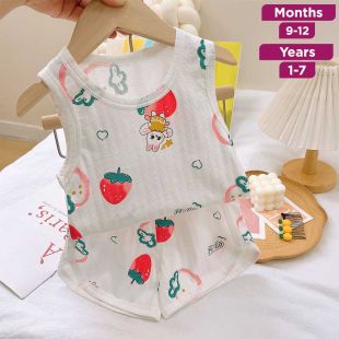 Strawbery Pure Cotton Sleeveless Vest and Shorts Pajama Set for Kids