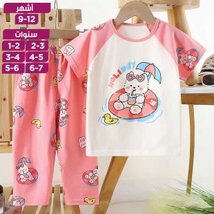 طقم بيجامة صيفي من القطن الخالص تيشيرت بأكمام قصيرة وسروال بطبعة قطة للبنات