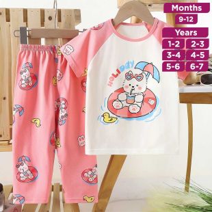 Cat Pure Cotton Summer Short Sleeve T-shirt and Pants Pajama Set for Girls