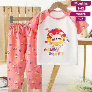 Bunny Pure Cotton Summer Short Sleeve T-shirt and Pants Pajama Set for Girls