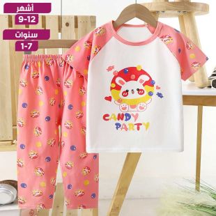 طقم بيجامة صيفي من القطن الخالص تيشيرت بأكمام قصيرة وسروال بطبعة أرنب للبنات
