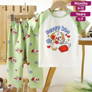 Puppy Pure Cotton Summer Short Sleeve T-shirt and Pants Pajama Set for Boys and Girls