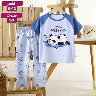 طقم بيجامة صيفي من القطن الخالص تيشيرت بأكمام قصيرة وسروال بطبعة باندا للأطفال