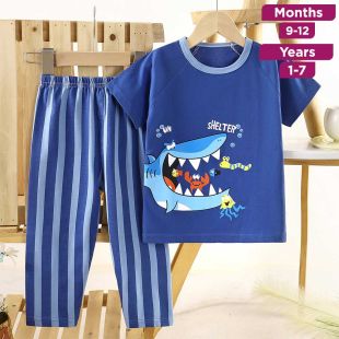 Shark Pure Cotton Summer Short Sleeve T-shirt and Pants Pajama Set for Kids