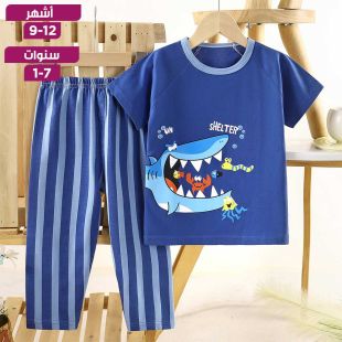 طقم بيجامة صيفي من القطن الخالص تيشيرت بأكمام قصيرة وسروال بطبعة قرش للأطفال