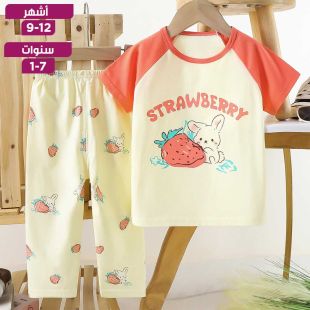 طقم بيجامة صيفي من القطن الخالص تيشيرت بأكمام قصيرة وسروال بطبعة أرنب للبنات