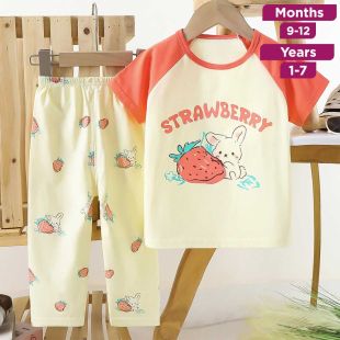 Rabbit Pure Cotton Summer Short Sleeve T-shirt and Pants Pajama Set for Girls