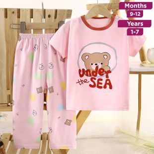 Bear Pure Cotton Summer Short Sleeve T-shirt and Pants Pajama Set for Boys and Girls