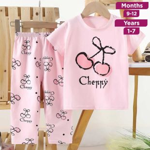 Cherry Pure Cotton Summer Short Sleeve T-shirt and Pants Pajama Set for Girls