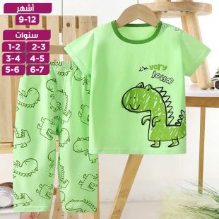 طقم بيجامة صيفي من القطن الخالص تيشيرت بأكمام قصيرة وسروال بطبعة ديناصور للأولاد