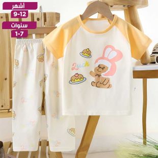 طقم بيجامة صيفي من القطن الخالص تيشيرت بأكمام قصيرة وسروال بطبعة كعكة للبنات