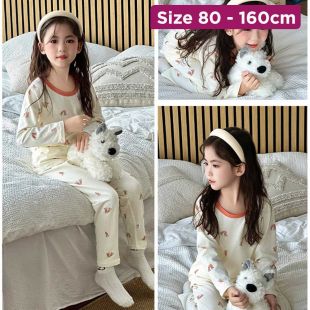 Girls Cotton Pajama Set White with Colorful Prints