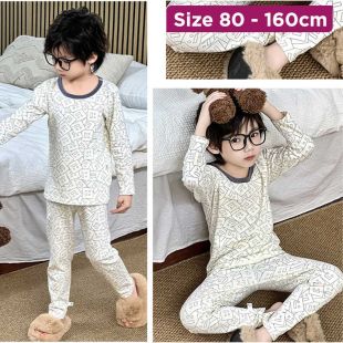 Boys Cotton Pajama Set White with Geometric Square Prints