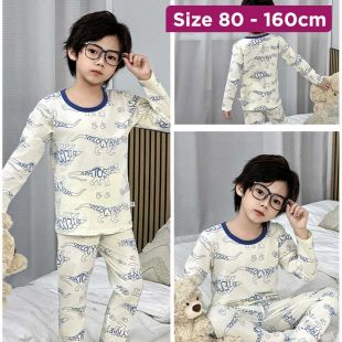 Boys Cotton Pajama Set White with Blue Prints