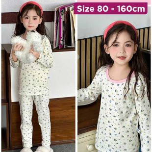 Girls Cotton Pajama Set White with Small Floral Print