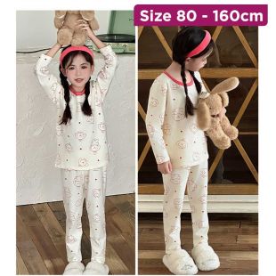 Girls Cotton Pajama Set White with Red Cartoon Faces Print