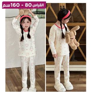 طقم بيجامة قطن بناتي أبيض بطبعات وجوه كرتونية حمراء