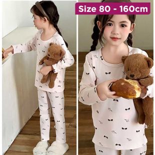 Girls Cotton Pajama Set Light Pink with Small Glasses Print