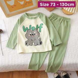 Boys Cotton Pajama Set Green with Gray Wolf