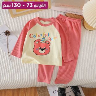 طقم بيجامة قطن بناتي رأس دب وردي
