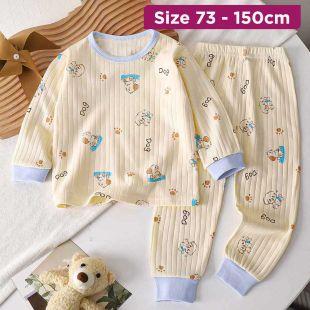 Long Sleeve Cotton Pajama Set with Blue Bear Print for Boys