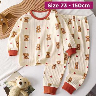 Long Sleeve Cotton Pajama Set with Classic Bear Print for Boys