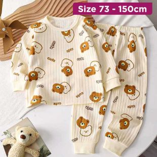 Long Sleeve Cotton Pajama Set with Cute Bear Print