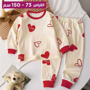 طقم بيجامة قطن بناتي بأكمام طويلة بطبعة قلوب