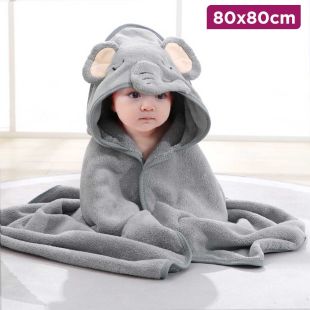Newborn Hooded Blanket with Grey Elephant Design 80 x 80 cm