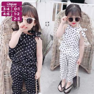 2 قطعة طقم ملابس للبنات منقط بياقة رقبة