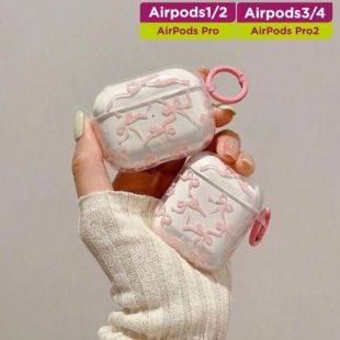 غطاء حماية أنيق بتصميم فيونكة وردية لسماعات إيربودز
