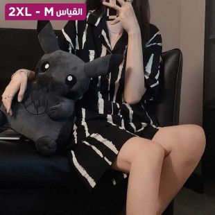 طقم بيجامة شورت بتصميم Black Stripes للسيدات