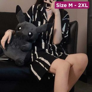 Women's Short Pajama Set with Black Stripes Design