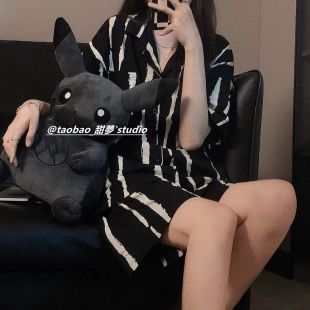 Women's Short Pajama Set with Black Stripes Design