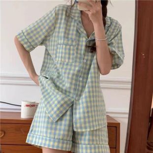 Women's Short Pajama Set with Grid Green Design