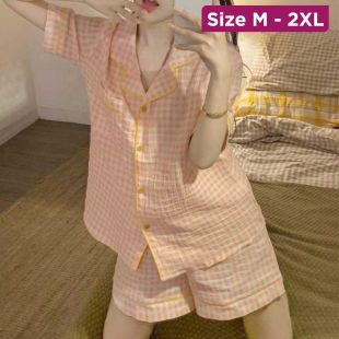 Women's Short Pajama Set with Grid Design