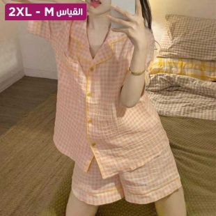 طقم بيجامة شورت بتصميم Grid للسيدات