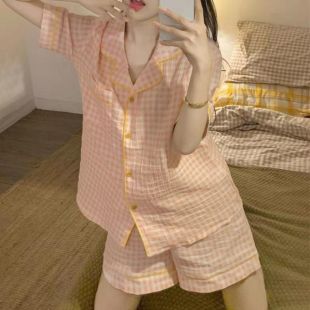 Women's Short Pajama Set with Grid Design