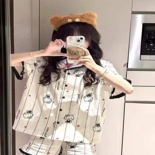 Women's Short Pajama Set with Hedged Cat Design