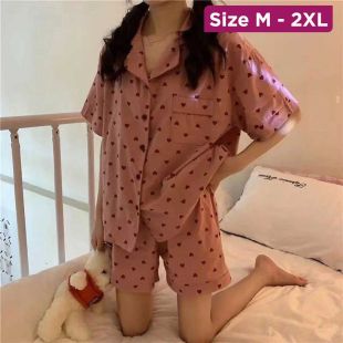 Women's Short Pajama Set with Pink-Heart Design